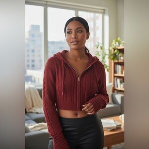 Red Cable Knit Cropped Hoodie